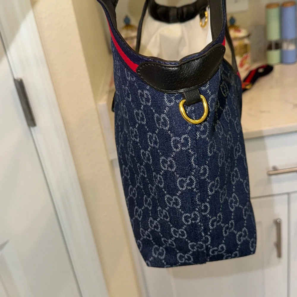 Gucci Blue GG Canvas Tote with Red and Navy Stripe